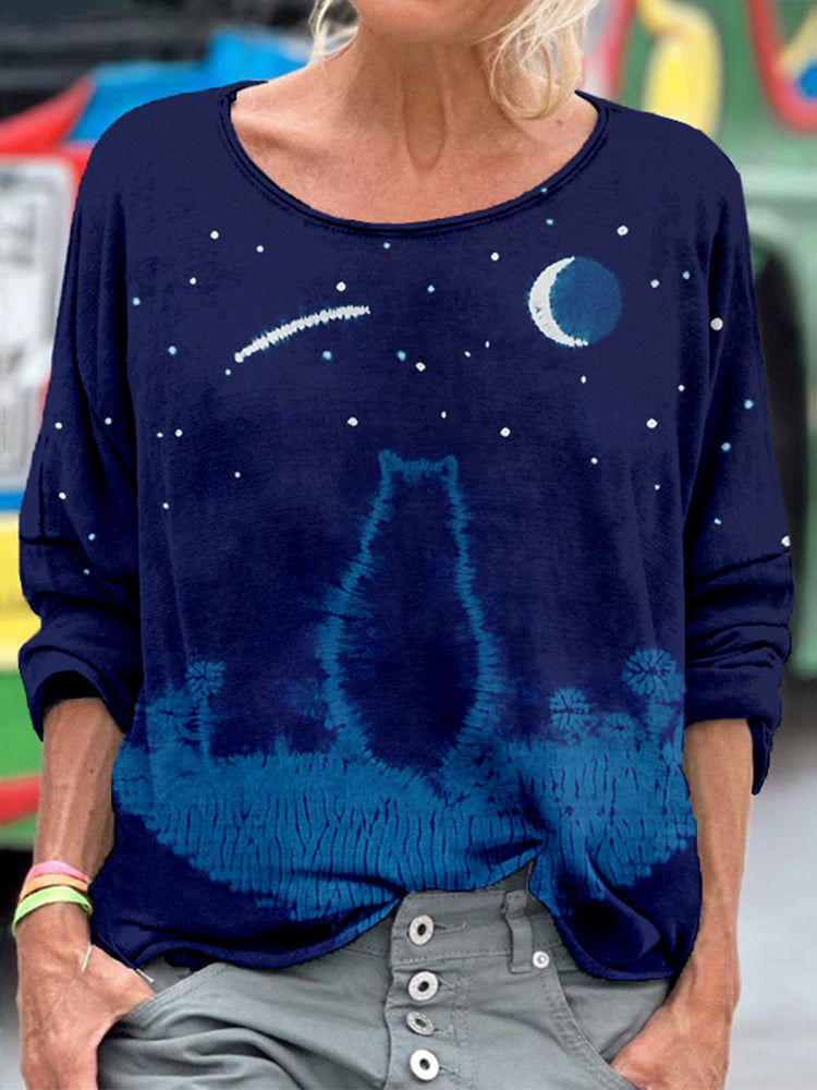 Lovely Cat Indigo Shibori Art Washed Cozy T Shirt elevenforest