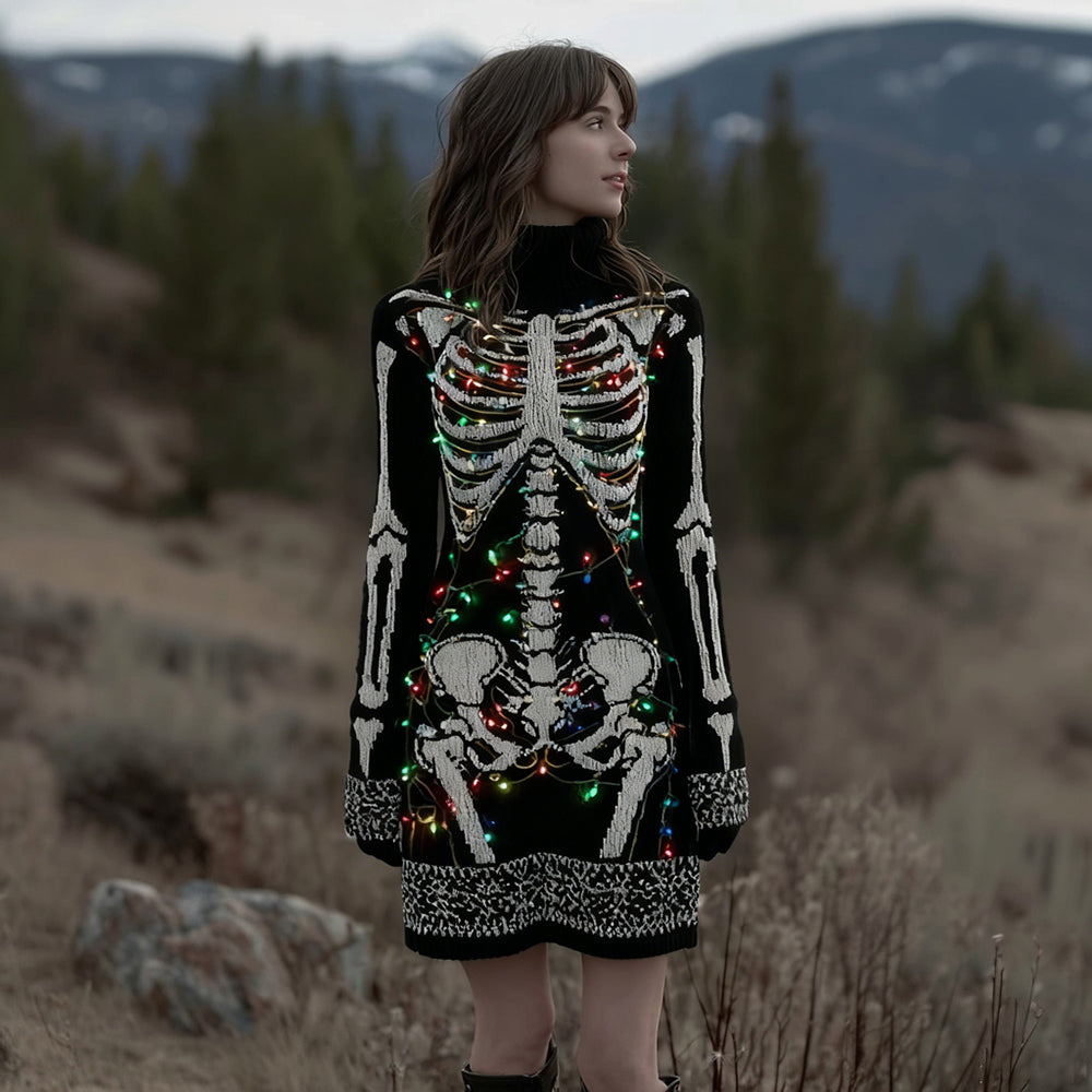 Comstylish Vintage Christmas Lights Tangled Skeleton Cozy Sweater Dress