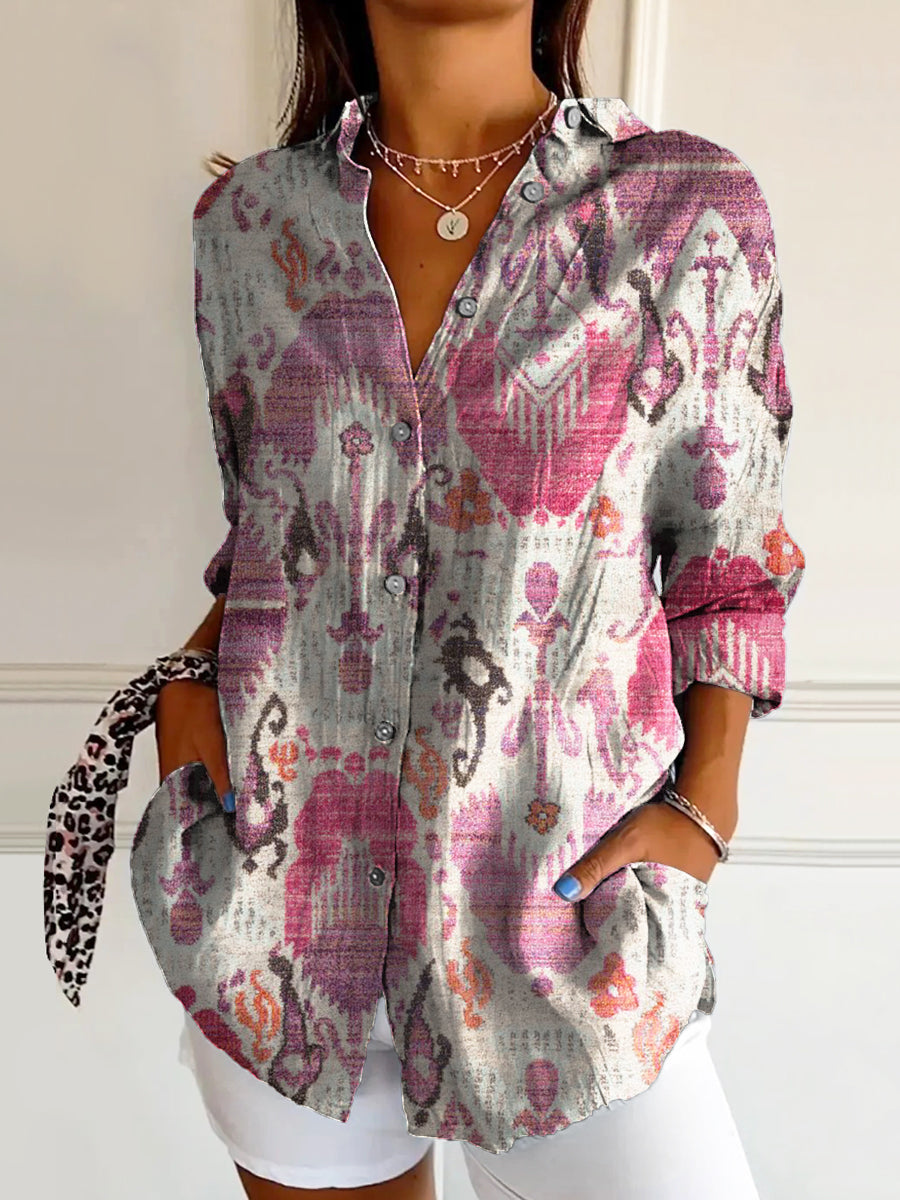 Women's Vintage Ethnic Floral Art Print Casual Cotton Shirt