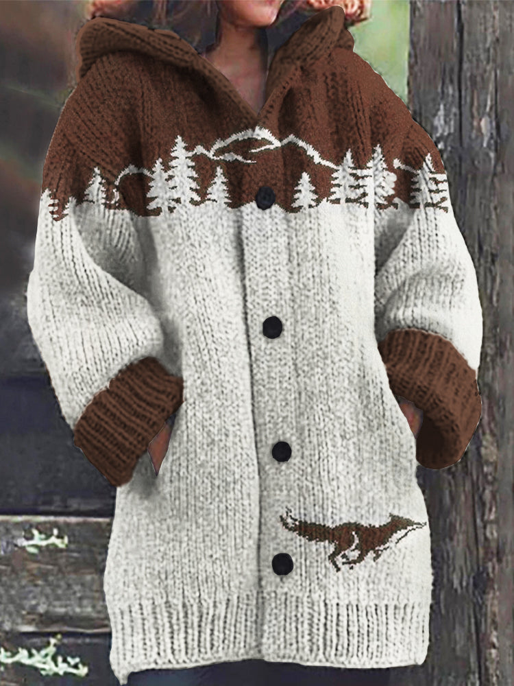 Running Fox Pattern Women's Hooded Sweater Cardigan artswardrobe
