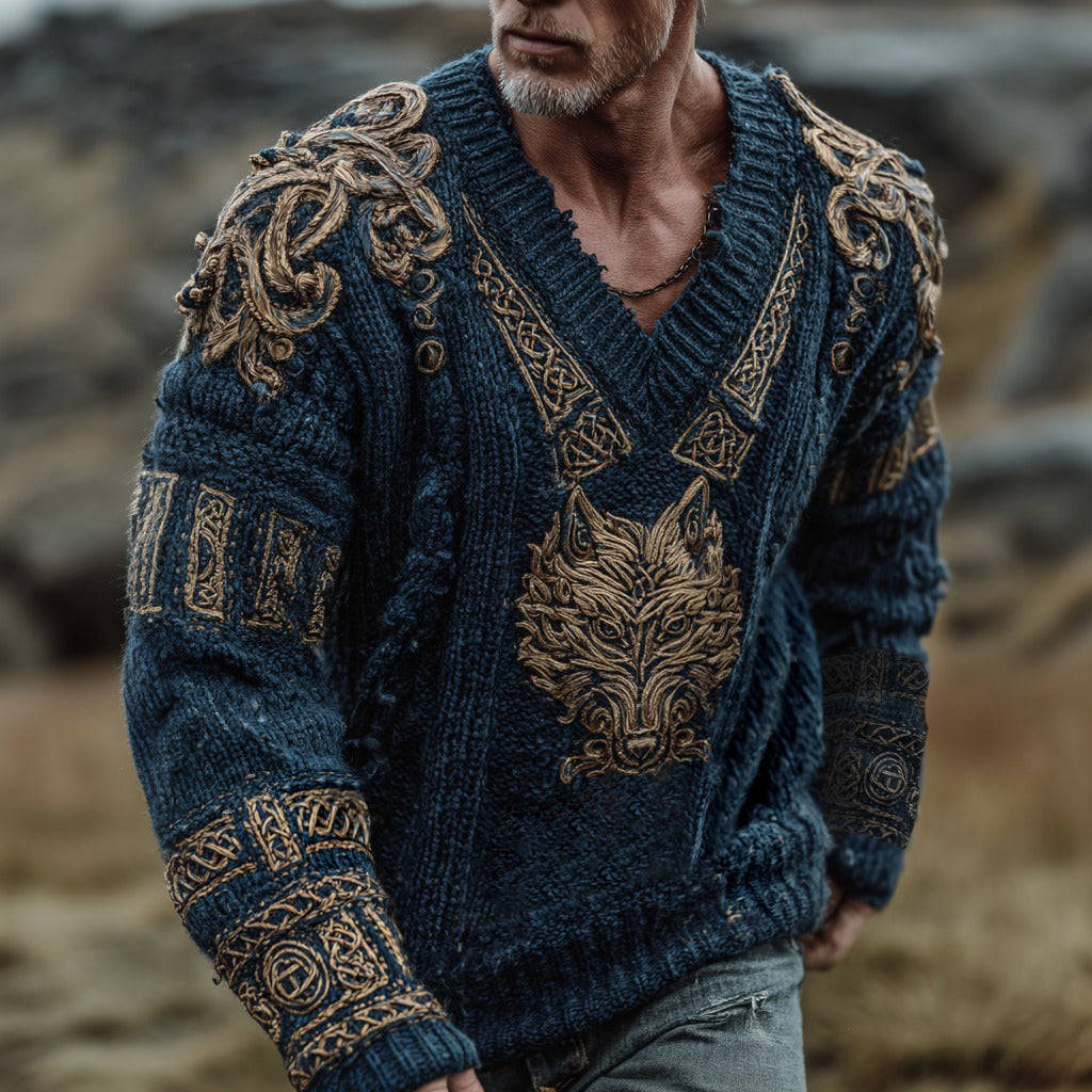 Men's Vintage Viking Wolf Celtic Knot Art Knit Aran Sweater artswardrobe