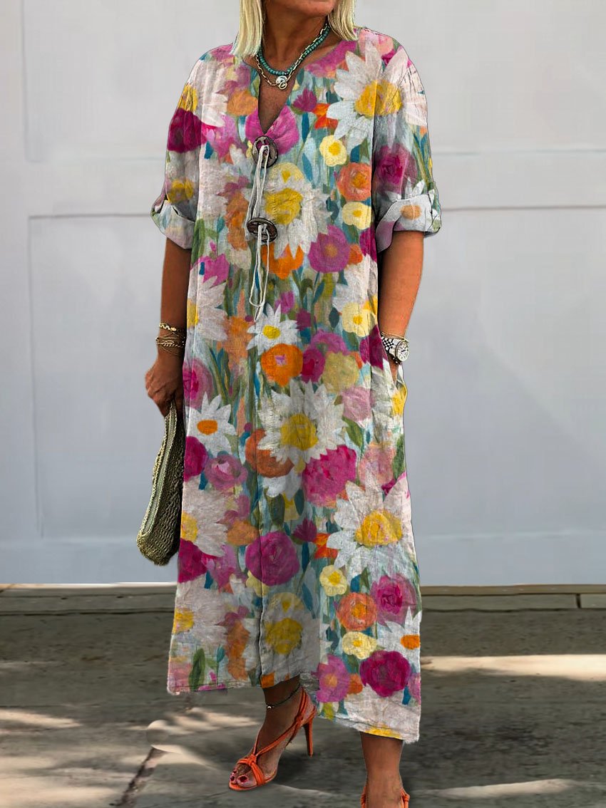 Women's Vintage Lovely Floral Art Print Pocket Cotton Dress