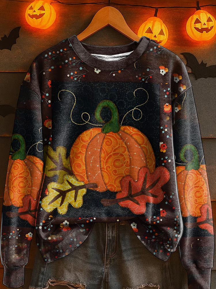Women's Casual Retro Autumn Pumpkin Patch Print Sweatshirt artswardrobe