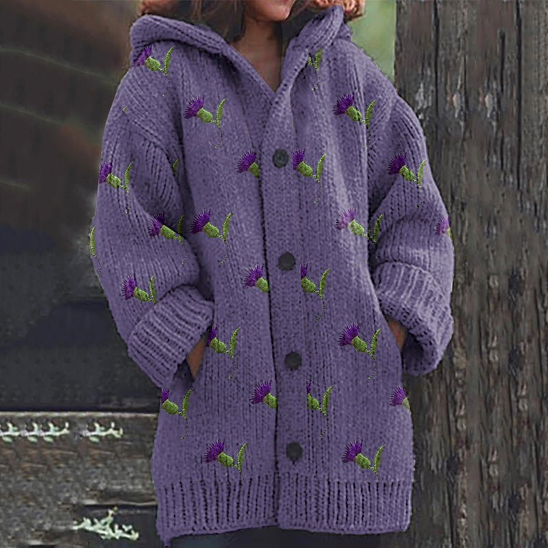 Thistle Embroidery Knit Hooded Cardigan artswardrobe