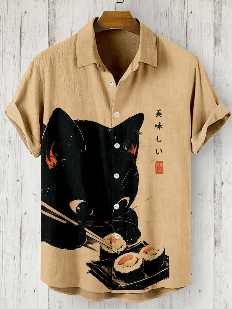Sushi Black Cat Japanese Food Art Linen Blend Shirt elevenforest