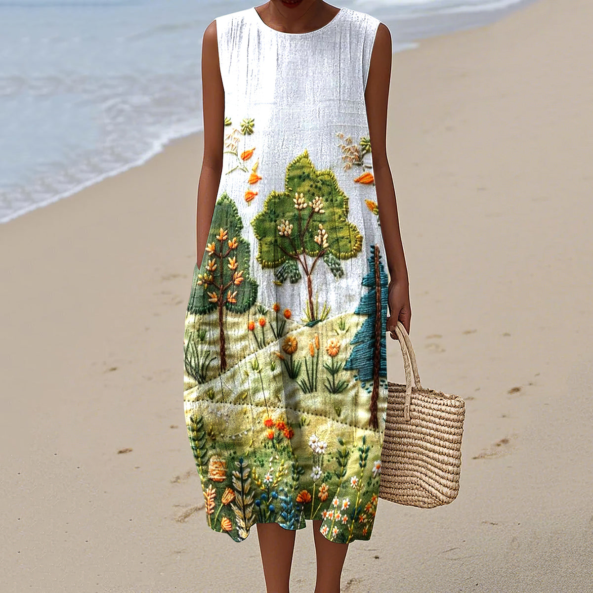 Vintage Loose Hometown Rural Farm Tree And Floral Art Sleeveless Cotton And Linen Tank Dress artswardrobe