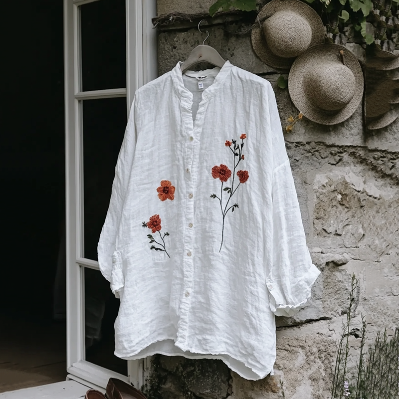 Comstylish Vintage Floral Embroidery Art Button Cotton Linen Blend Loose Blouse