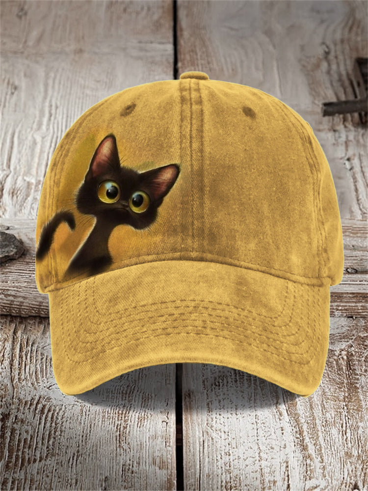 Funny Peeking Black Cat Washed Cap elevenforest