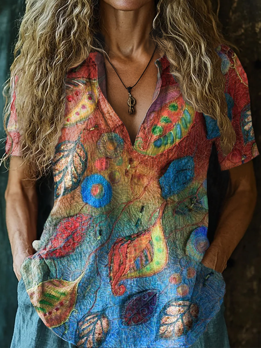 Women's Bohemian Colorful Leaves Ethnic Print Short Sleeve Comfortable