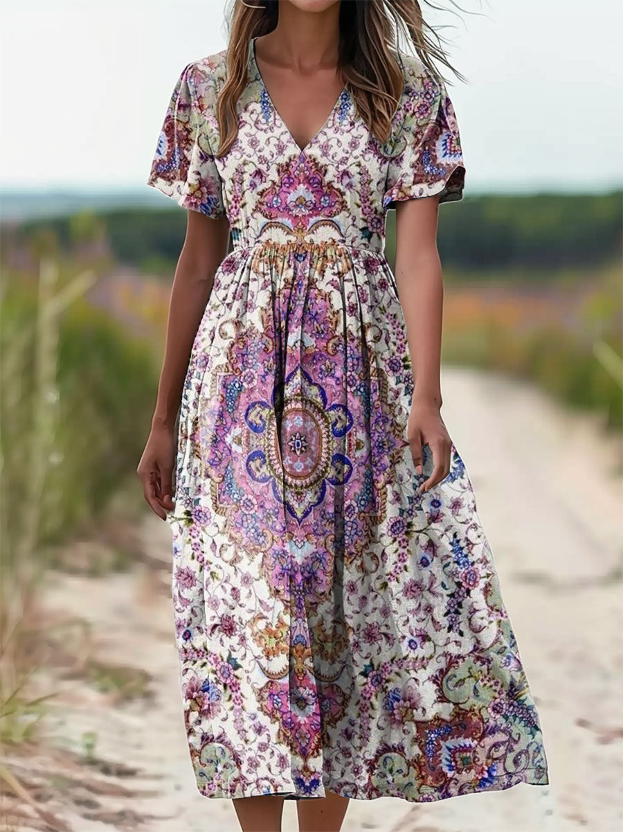 Women's Ethnic Totem Print V-neck Short-sleeved Pocket Cotton Dress