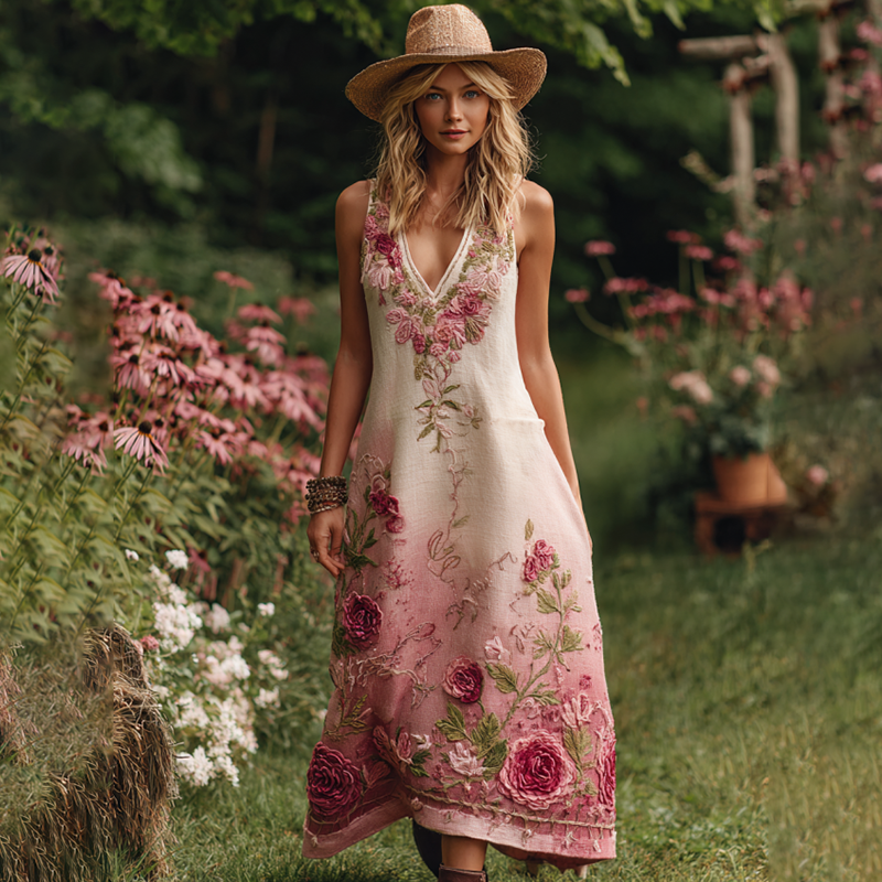 Love & Health Collection Retro Western Women Style Vintage Gradient Rose And Floral Patchwork Art V Neck Linen Maxi Dress artswardrobe