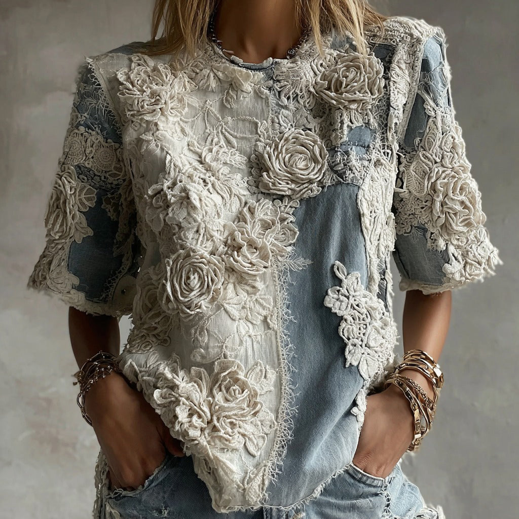 Women's White Rose Paneled Denim Linen T-shirt