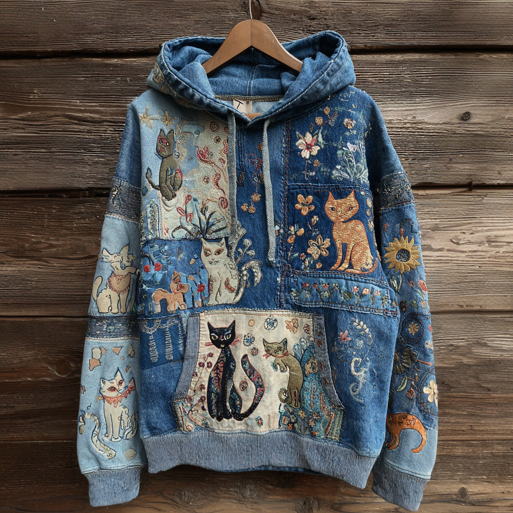 Comstylish Women's Denim Patchwork Cute Cat Bohemian Floral Print Hoodie