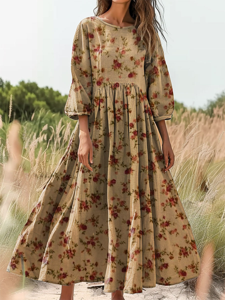 Women's Vintage Floral Art Print Crew Neck Pocket Cotton Dress