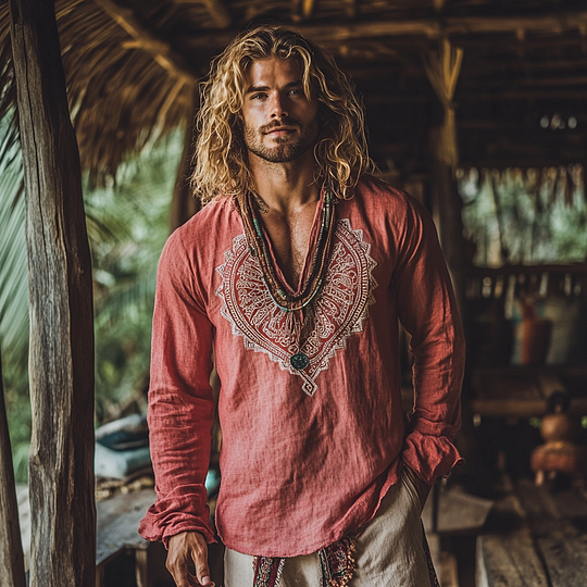 Men's Bohemian Linen Printed Casual Long Sleeve Tops artswardrobe