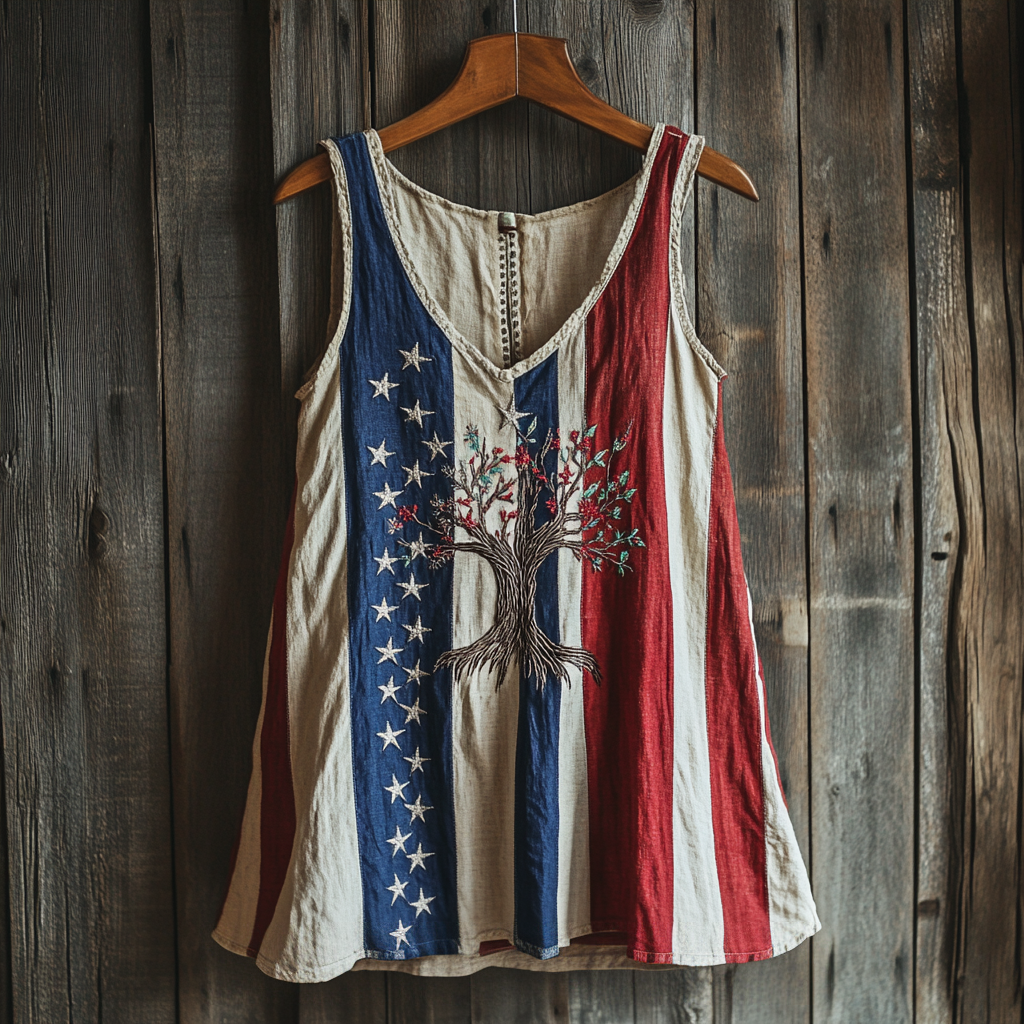 Women's Independent Day American Flag With Tree Of Life Art Vintage Linen Sleeveless Tank Top artswardrobe