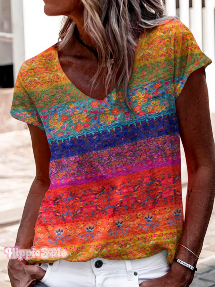 Women's Colorful Striped Floral Print V-neck Casual T-Shirt