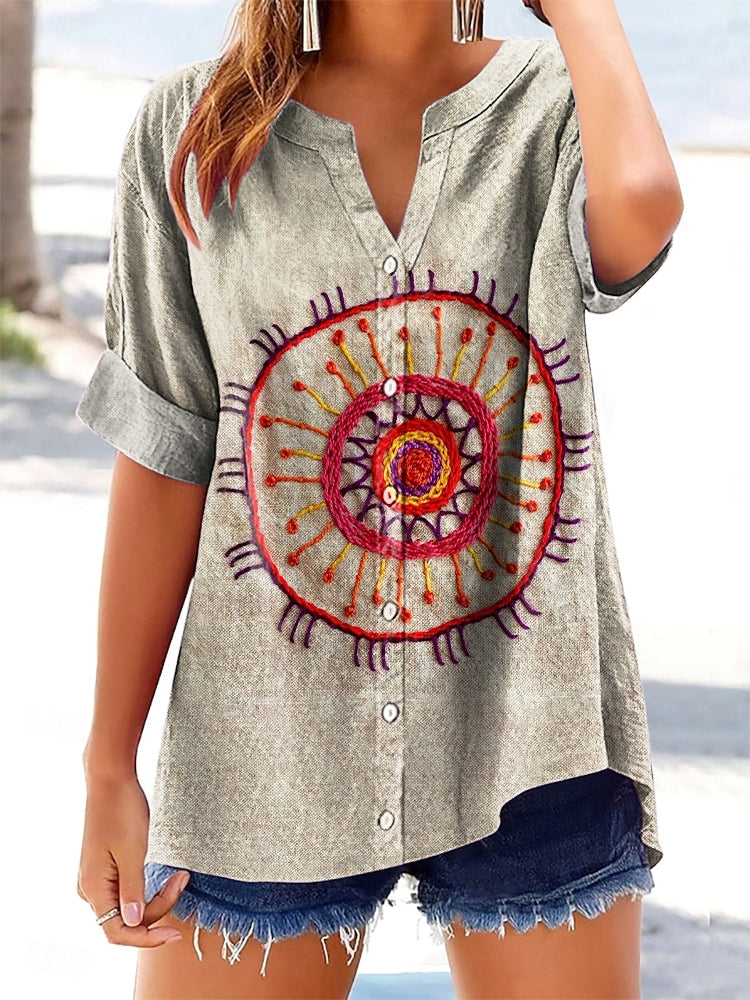 Women's Ethnic Texture Art Print Short-sleeved Cotton and Linen Shirt