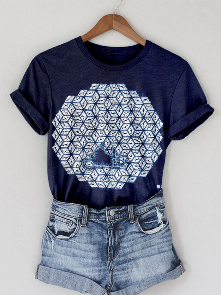 Lovely Cat Indigo Shibori Art Crewneck Cozy T Shirt elevenforest