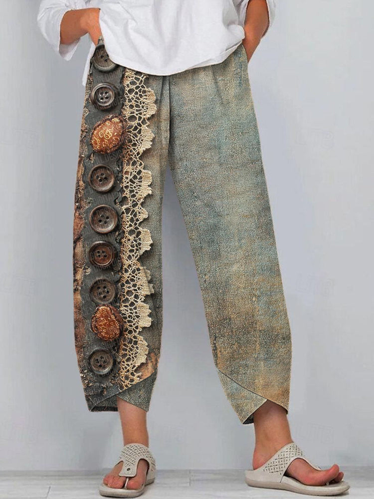 Vintage Lace Button Design Linen Blend Pants artswardrobe