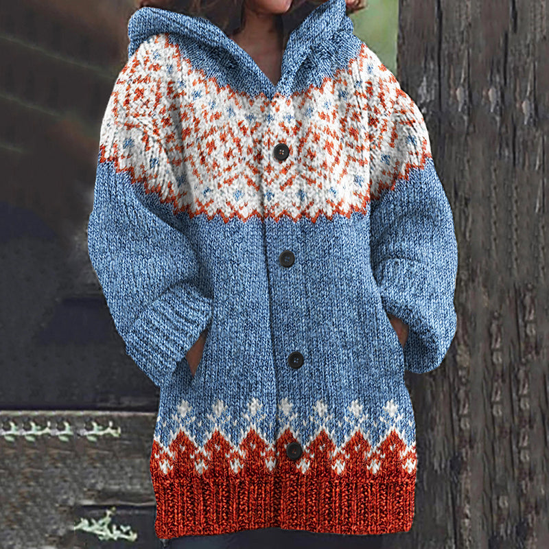 Iceland Geometric Print Casual Knitted Hooded Cardigan elevenforest