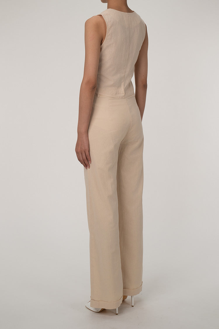 LP | Gilet casual con scollo a V e bottoni sul davanti, pantalone a gamba larga in due pezzi in cotone plissettato