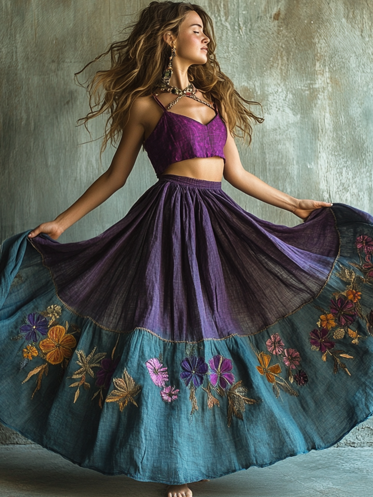 Vintage Floral Embroidered Pattern Art Linen Blend Skirt