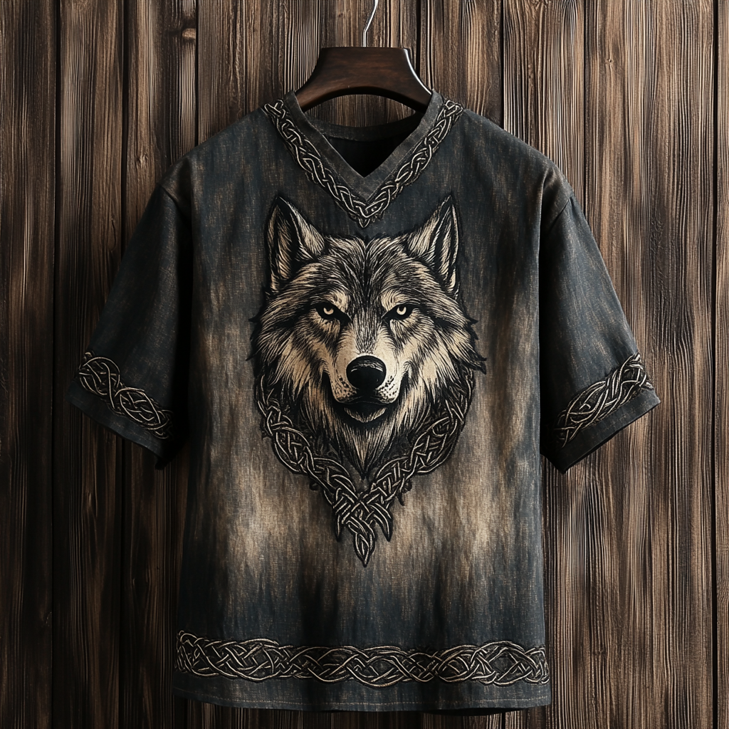 Men's Viking Celtic Wolf Art Linen T-shirt artswardrobe