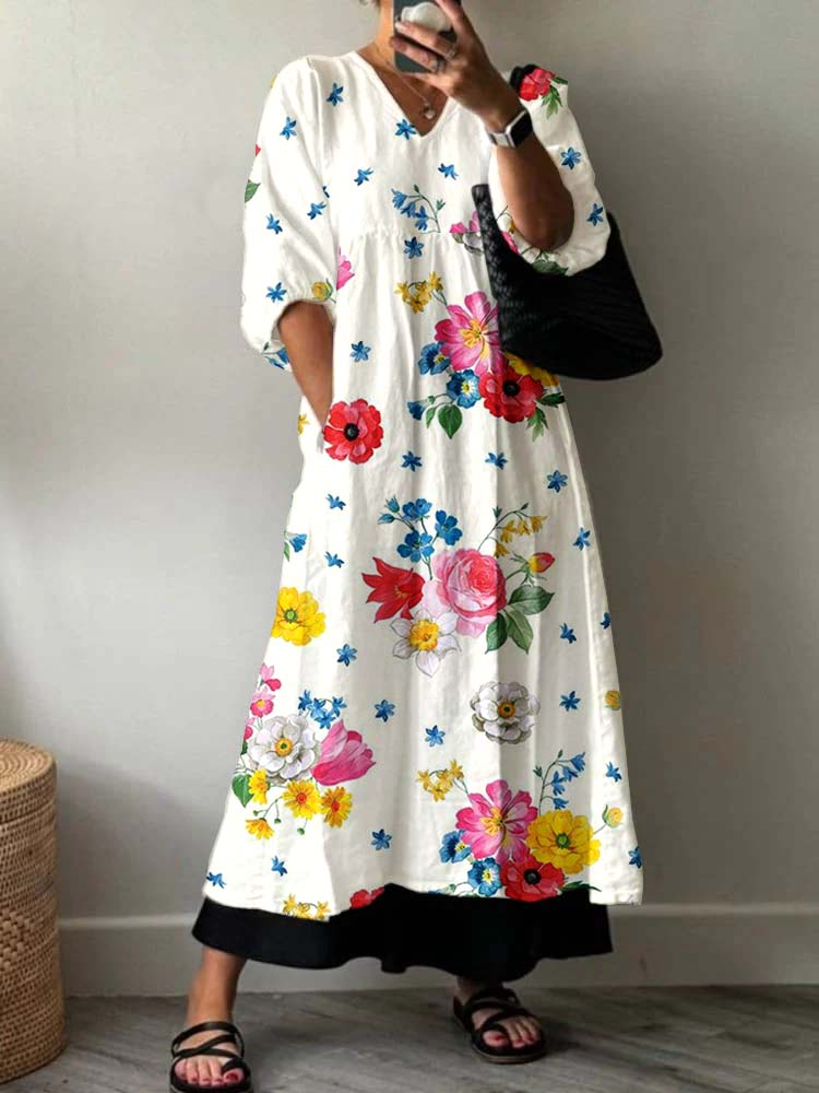 Women's Artistic Holiday Floral Pattern Cotton Dress