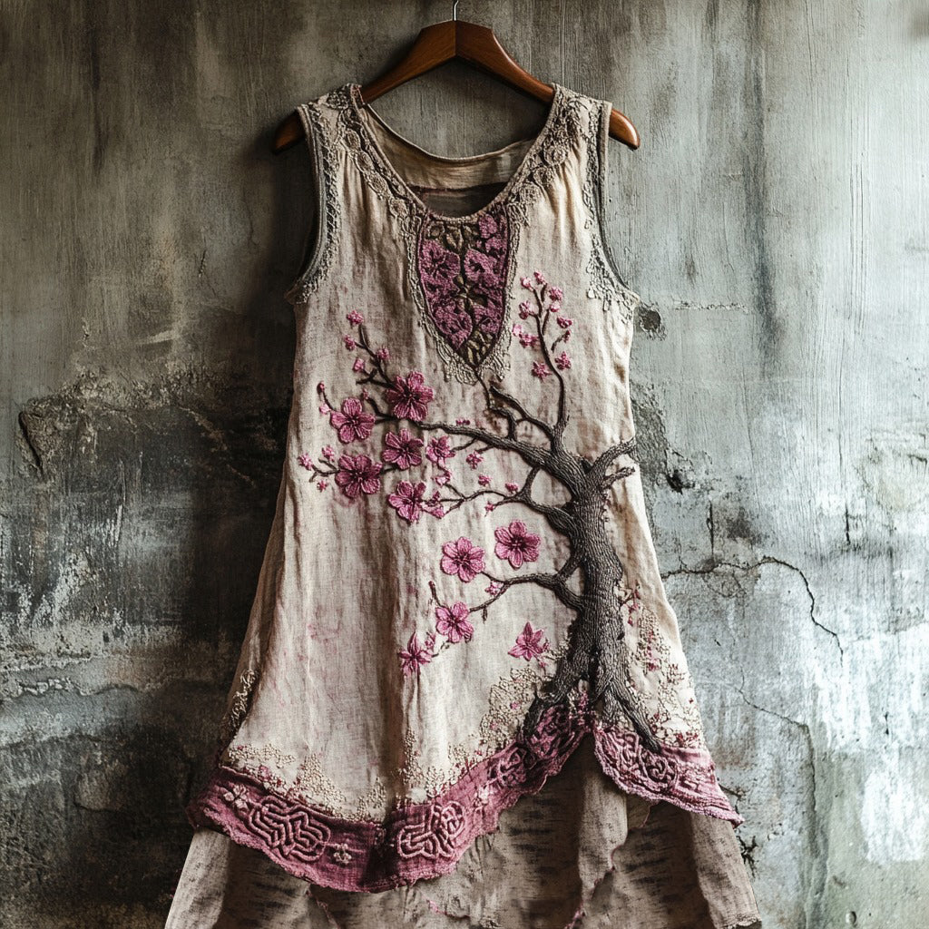Women's Cherry Blossom Embroidery Lace Patchwork Art Linen Tank Dress artswardrobe