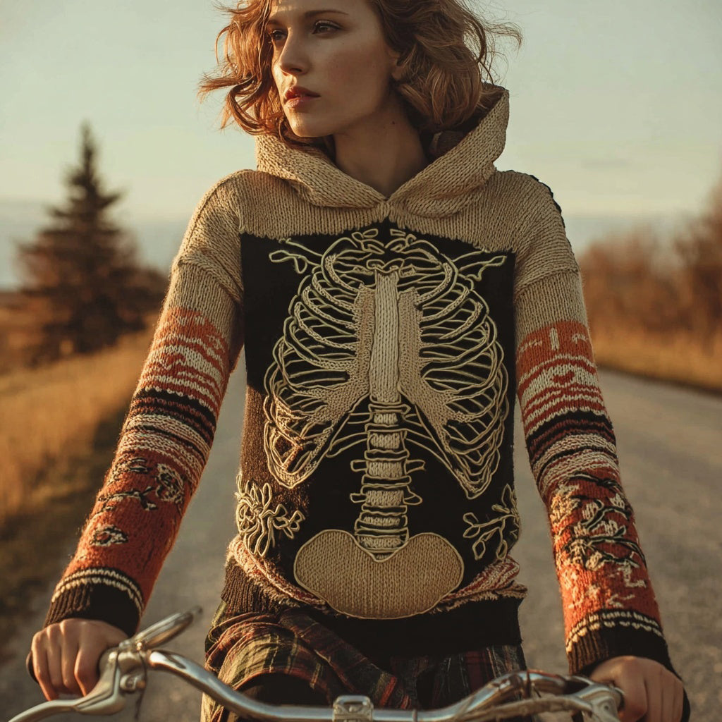 Retro Halloween Skeleton Art Knit Cozy Hooded Sweater artswardrobe