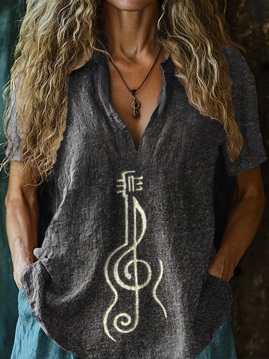 Women's Hippie Violine Art Print Casual Short Sleeve Comfortable Cotto