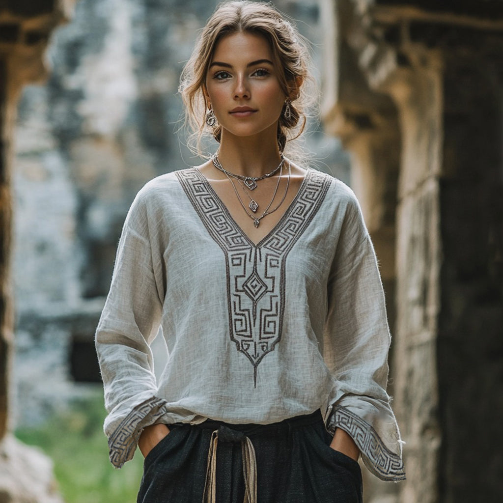 Vintage Greek Key Graphics V-neck Linen Blend T-shirt artswardrobe