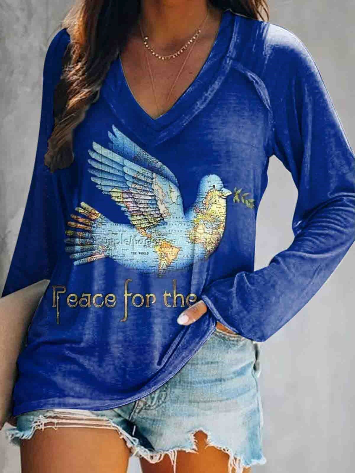Women's PEACE FOP THE WORLD Graphic Art Print V-Neck Long Sleeve Top