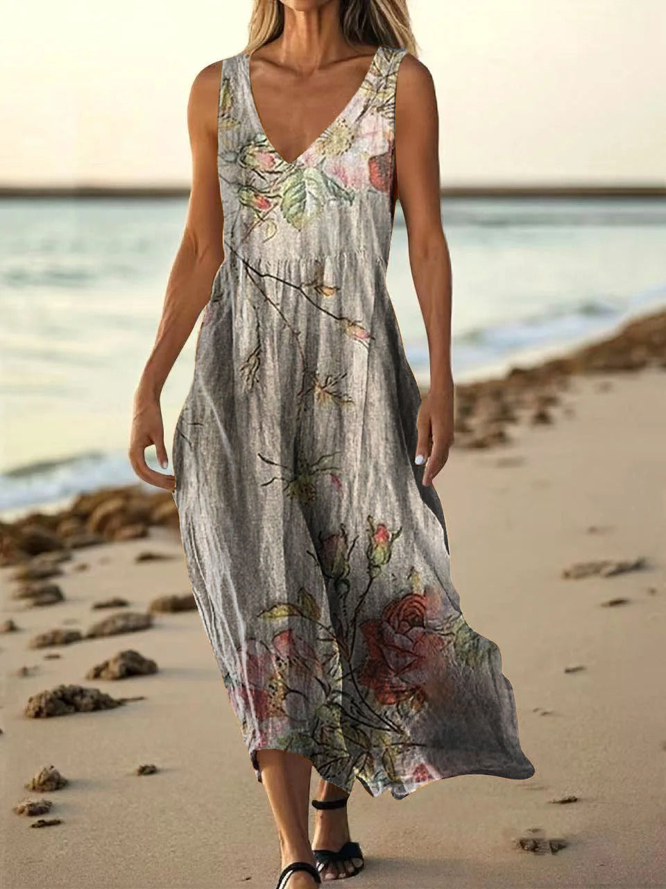 Women's Floral Art Print Pocket Cotton Dresses