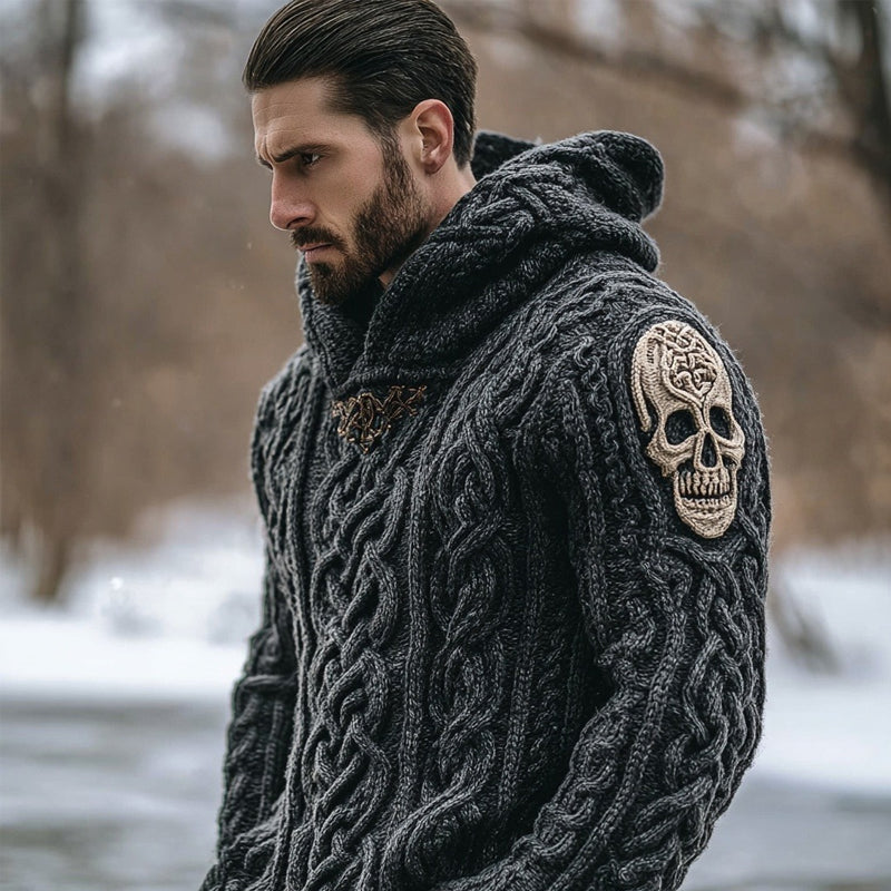 Men's Vintage Skull Jacquard Chunky Hooded Sweater artswardrobe