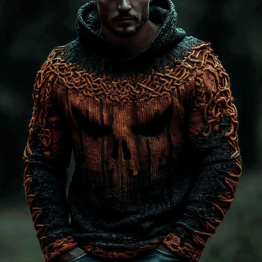 Viking Halloween Pumpkin Skull Men's Knit Twist Hooded Sweater elevenforest