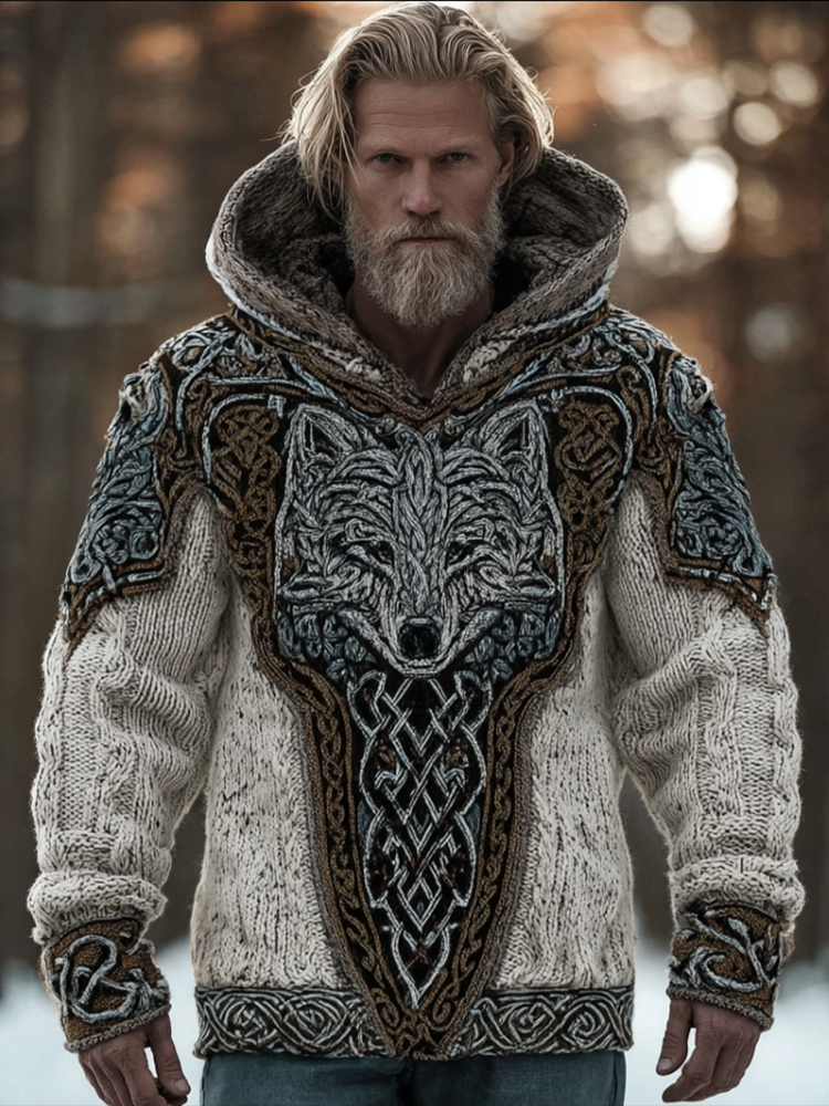 Men's Hooded Thick Sweater With Viking Style Tribal Totem And Wolf Totem Patterns artswardrobe