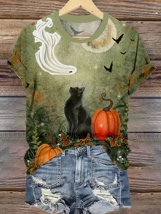 Women's Halloween Cat Print Casual T-Shirt elevenforest