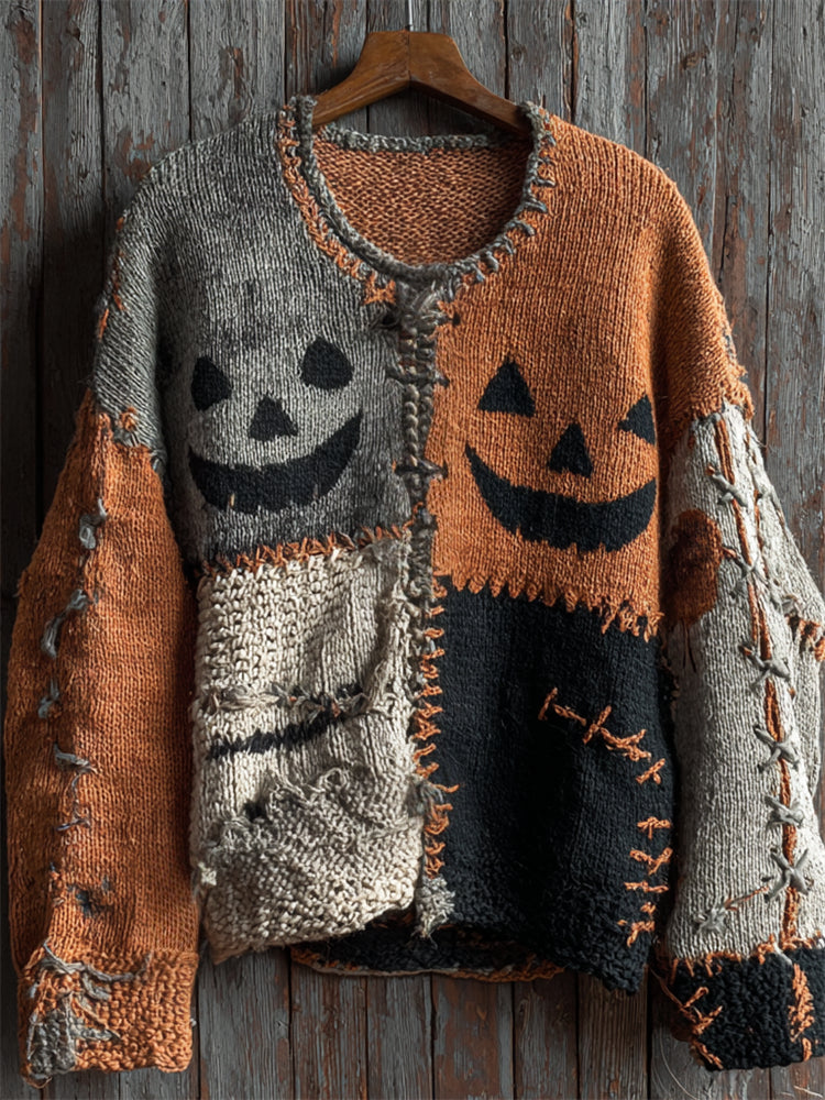 Halloween Pumpkin Face Colorblock Stitched Cozy Knit Sweater artswardrobe