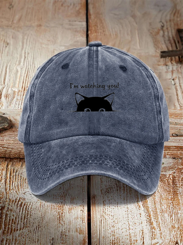 I'm Watching You! Black Cat Print Washed Hat elevenforest