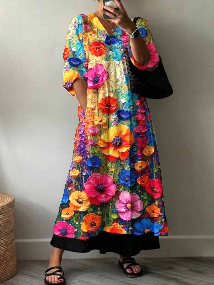 Women'S Art Rose Pattern Cotton Dress