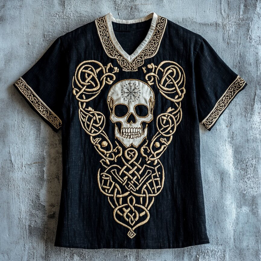 Men's Viking Tribal Skull Celtic Art Linen V-neck T Shirt artswardrobe