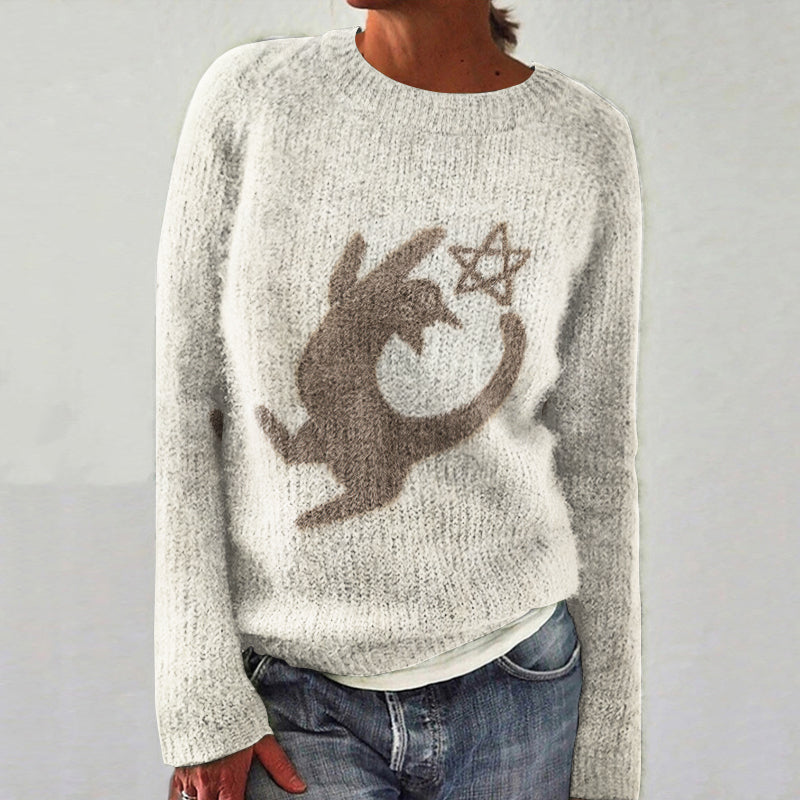 Vintage Star Cat Knitted Crew Neck Sweater elevenforest