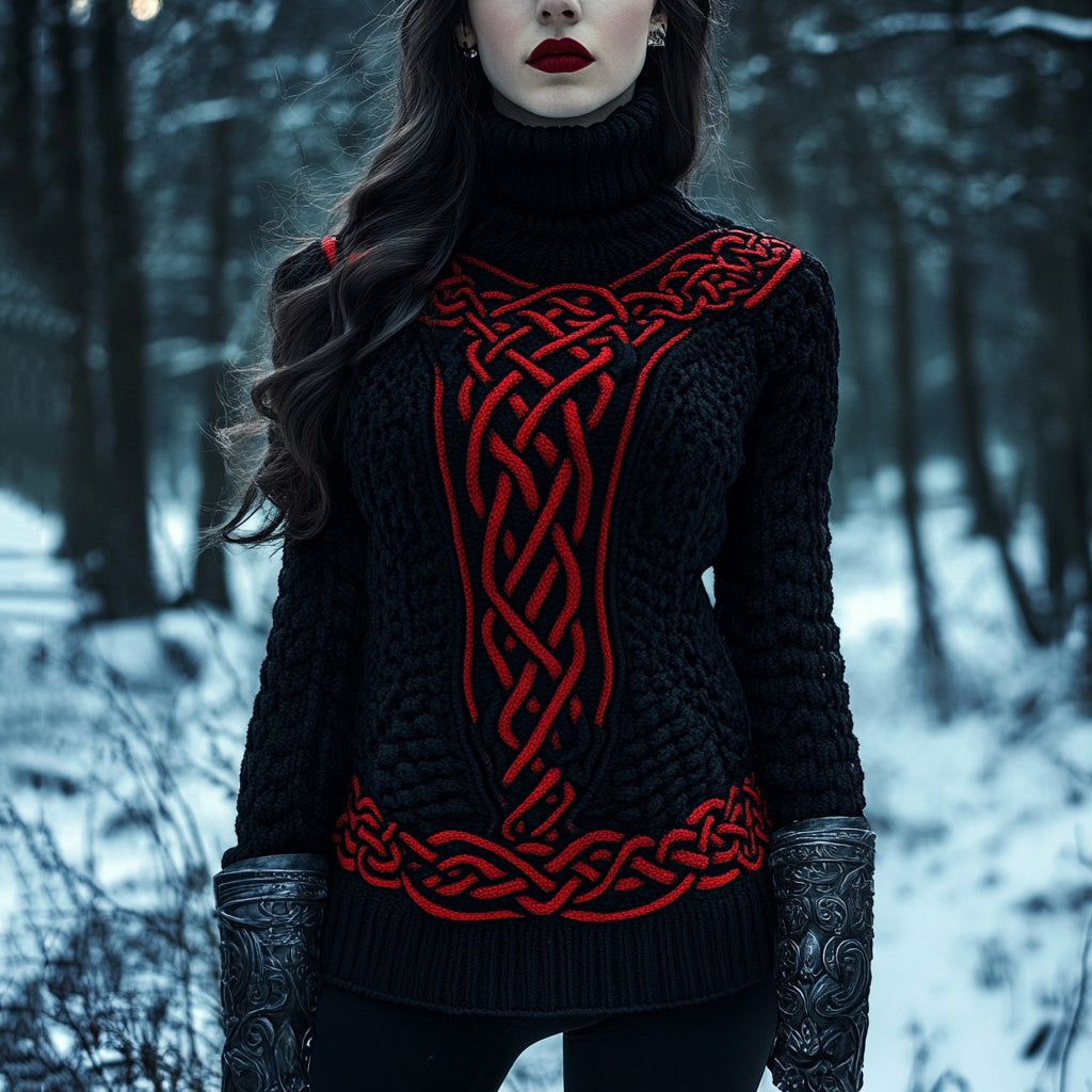 Women's Viking Celtic Knot Contrasting Color Cozy Turtleneck Knitted Sweater artswardrobe