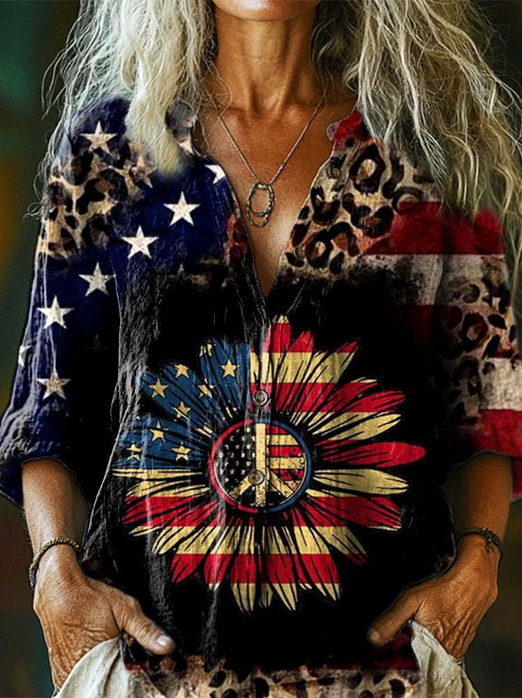 Women's Independence Day Hippie Peace Flag Art Print Casual Cotton Shi