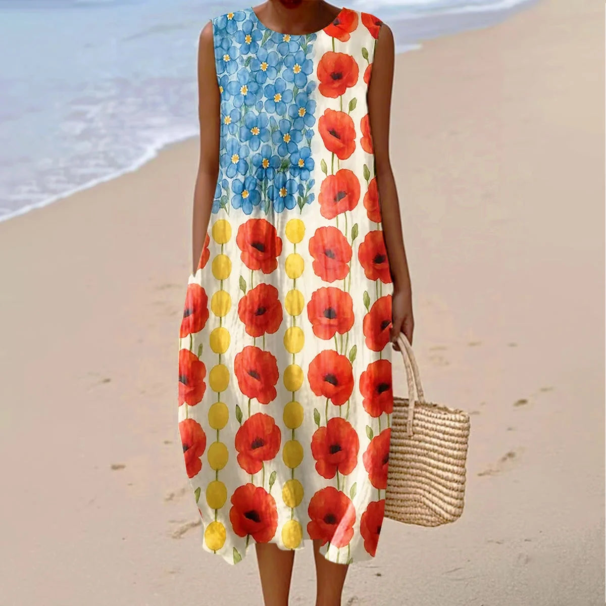 Vintage Independence Day Floral Art Linen Casual Tank Dress artswardrobe