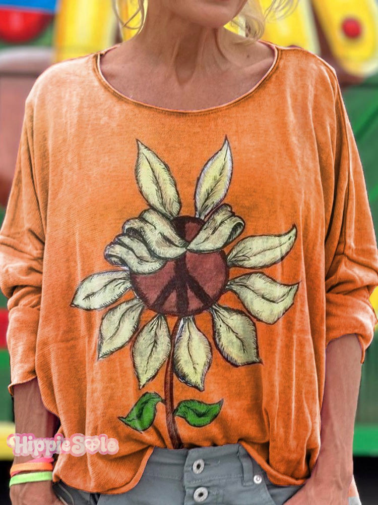 Women's Sunflower Hippie Print Long Sleeve Top