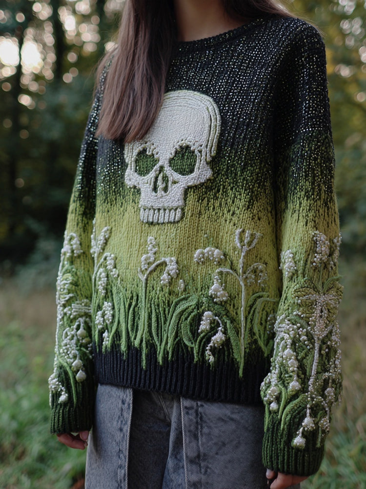 Retro Lily Of The Valley & Skull Embroidered Cozy Knit Sweater artswardrobe
