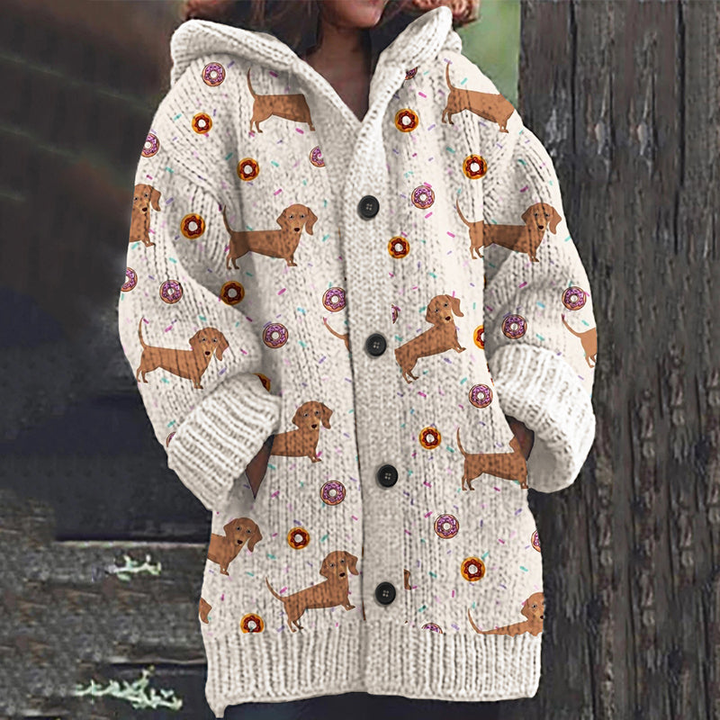 Comstylish Cute Dachshund Print Knitted Hooded Cardigan